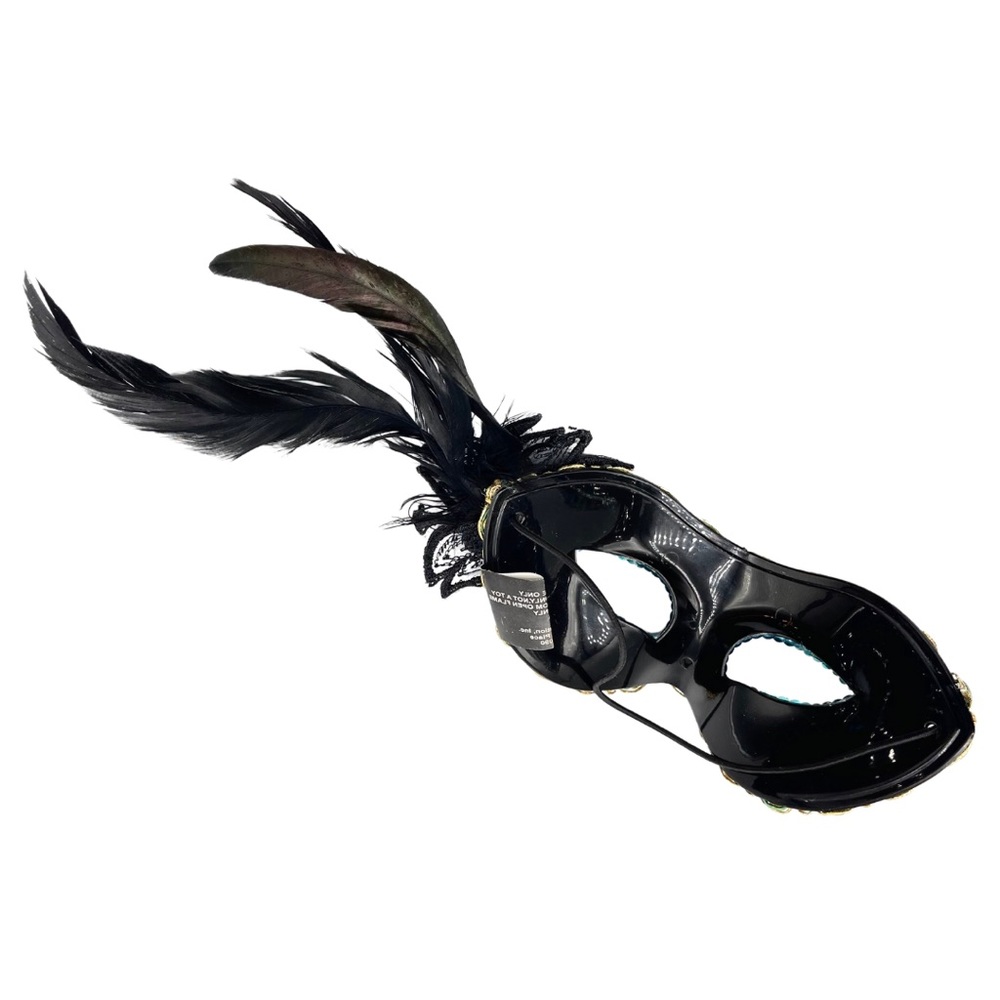 🎭TEAL/BLACK MASQUERADE HALLOWEEN MASK WITH SEQUINS, LACE, FABRIC ROSE & FEATHER - Picture 5 of 6